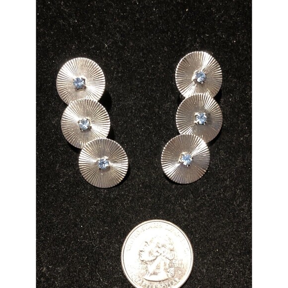 Vintage Signed CORO Rare Blue Rhinestones Silver Tone Metal Clip Earrings - Picture 3 of 7